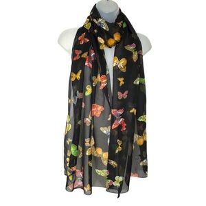 ECHO Multicolor Butterflies On Black Scarf  19.5” X 79”